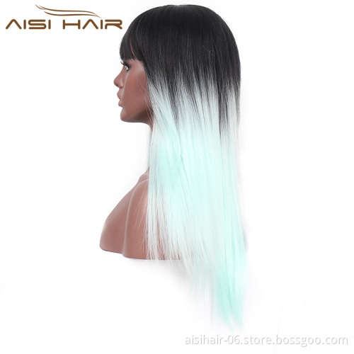 Aisi Hair Top Quality Cheap Synthetic Long Straight Wig With Neat Bangs Ombre Blue Color Heat Resistant Wigs For Black Women